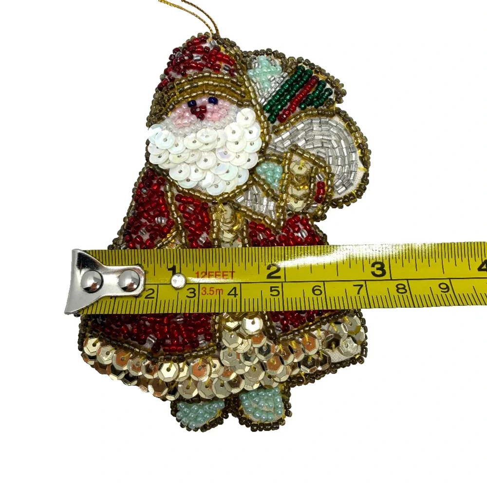 Vintage Handmade Beaded Sequin Santa Claus Christmas Tree Ornament 4